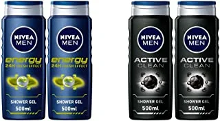 Nivea Men Energy 24H Fresh Shower Gel 3In1, Masculine Scent, 500ML, Pack Of 2 & Men Active Clean Shower Gel 2X500ML