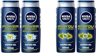 Nivea Men Power 24H Fresh Effect,Invigorating + Citrus Infusion 3In1 Shower Gel, 500ML, Pack Of 2 & Men Energy 24H Fresh Shower Gel 3In1, Masculine Scent, 500ML, Pack Of 2