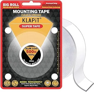 شريط التثبيت KLAPiT SUPER TAPE مزدوج الجوانب شديد التحمل يحمل وزن 500 رطل أو 230 كجم باستخدام تقنية النانو المحسّنة. شريط شفاف للجدار والخشب والبلاط والحجر والزجاج والمعادن والاكريليك نحيف 10 م