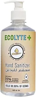 Ecolyte+ Skincare antibacterial gel: Hand Sanitizer antiseptic and disinfectant containing 70% ethyl alcohol, proven to be 99.99% effective in eliminating germs, 500 ml