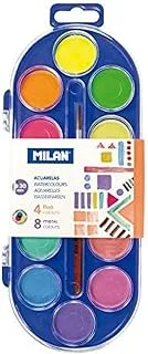 Milan 30 mm 12 Palette Fluo and Metal Watercolor Tablets with Brush, Multicolor