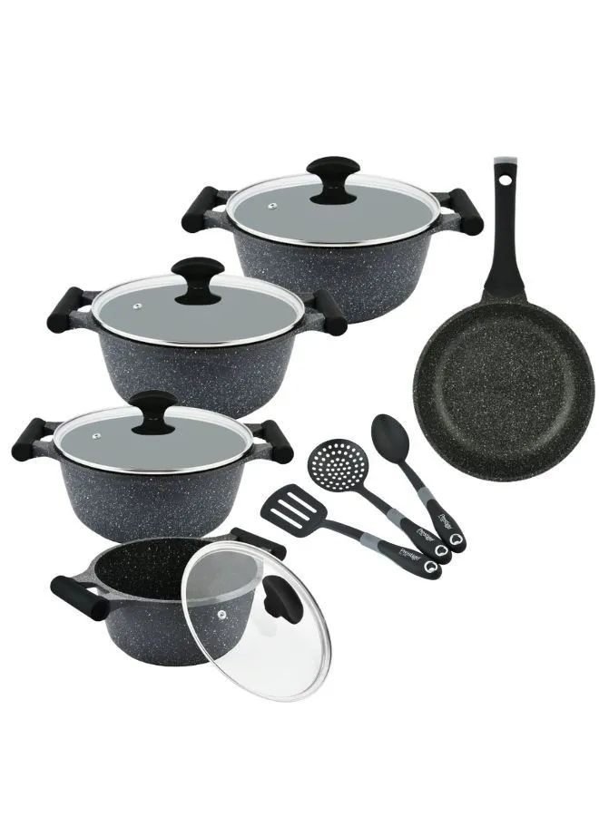 Prestige 12-Piece Granite Non-Stick Aluminium Essentials Induction Base Cookware Set Includes 1xCasserole With Lid 20cm, 1xCasserole With Lid 24 cm, 1xCasserole With Lid 26 cm, 1xCasserole With Lid 28 cm, 1xFrying Pan 24 cm, 3x Cooking Tool Black/Clear