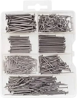 ASSORTED HARDWARE NAIL KIT, includes Picture Frame Hanging Nails, Finish, Wire, Brad and Common Use. This Kit comes in an Organized Plastic Box and has 550 Heavy Duty Durable Nails.