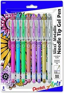 Pentel Arts Slicci Metallic 0.8 مم قلم جيل برأس إبرة ، ألوان متنوعة ، 8 عبوات (BG208BP8M)