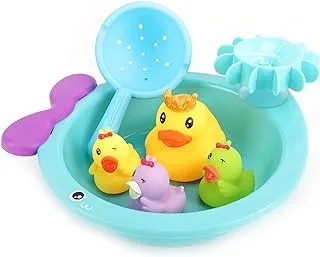 MOON Floating Duck Family Set – Assorted Mini Ducks with Boat and Sieve - Soft and Squishy Vinyl Bath Toys for Toddlers – Colorful Baby Pool & Bathtub Water Toys for Boys and Girls