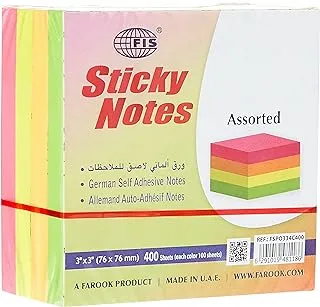 FIS Sticky Note Pads, 4 Assorted Fluorescent Colors, 400 Sheets, 3 x 7.6 cm Size - FSPO334C400