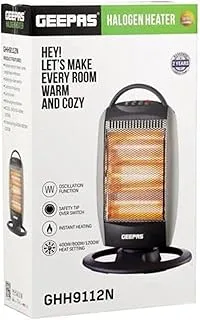 Geepas Halogen Heater- GHH9112| High Performance Heater with 3 Heating Power| 400W / 800 W / 1200 W| Oscillating Function and Safety Tip-Over Switch| Wide Angle Heat Reflection| Light-Weight