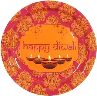 Prickly Pear Happy Diwali Party Plates 10-Pieces, 25 cm Diameter, Pink/Orange