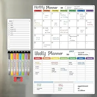 Dry Erase Calendar Kit- Magnetic Calendar for Refrigerator - Monthly Fridge Calendar Whiteboard with Extra-Thick Magnet Included Fine Point Marker & Eraser (Monthly and Weekly and Daily)