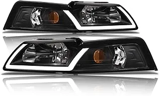 Alpha Owls 8709597 Crystal Headlights With White LED Light Bar - Black Amber Fits 1999-2004 Ford Mustang