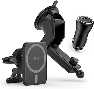 HYPHEN For MagSafe 20W Car Charger Adaptor withWireless Charging Mount,Vent Clamp, & Glass or Dashboard Suction| Smart Protect Technology | Compatible with Wireless Devices- Black