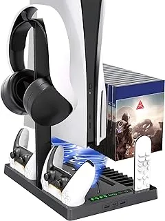 MES MERRY Vertical Stand with Headset Holder and Cooling Fan Base for PS5 Console & Playstation 5 Accessories, 1 Headphone Stand, 2 Controller Chargers, 15 Game Disc Slots and 1 Media Remote Organizer