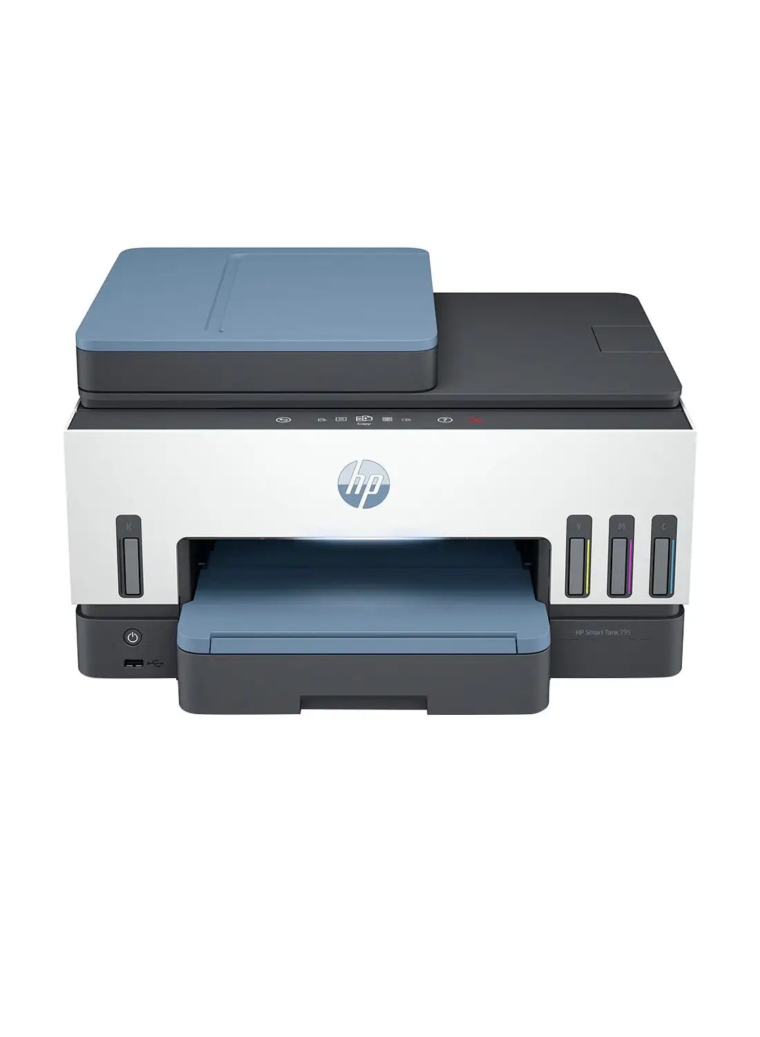 HP HP Smart Tank 795 All-In-One Duplex Wifi High Capacity Inktank Multi-Function WiFi Color Ink Tank Printer with Voice Activated Printing Google Assistant & Alexa (Borderless Printing) For Print/Copy/Scan with ADF & FAX (Up To 12000 Black, 8000 Colour Pages Of Ink In Box) White/Blue