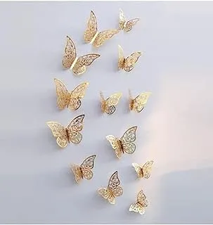 COOLBABY 12ePCS 3D Hollowed-Out Butterfly Wall Stickers Gold 8x4centimeter