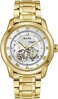 Bulova Men's Classic Sutton 4-Hand Automatic Watch, 24-Hour Sub Dial, Open Aperture, Self-Winding, Exhibition Caseback, Double Curved Mineral Crystal, Luminous Hands, 42mm Style: 97A108, Gold Tone,