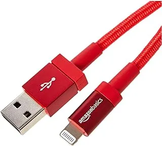 Amazon Basics USB-A to Lightning Charger Cable, Nylon Braided Cord, MFi Certified Charger for Apple iPhone 14 13 12 11 X Xs Pro, Pro Max, Plus, iPad, 1.83 M, Red