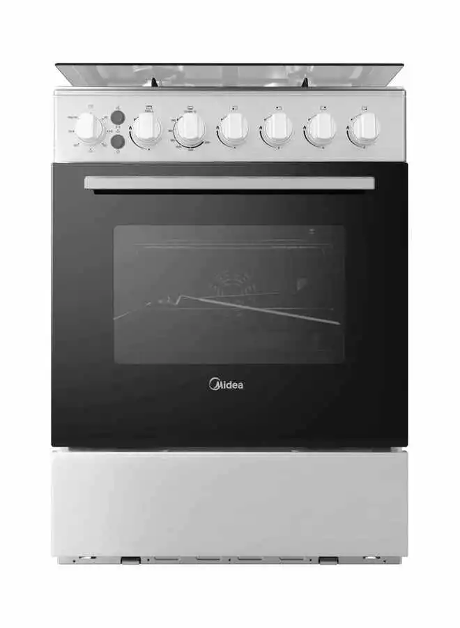 Midea Freestanding Cooker With Convection Fan Gas 4 Burners Automatic Ignition & Full Safety Cast Iron Pan Support Double Knob For Grill & Oven Control EME6060-C Silver