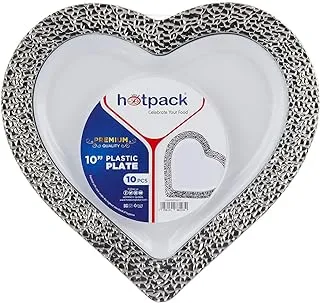 Hotpack Premium White/Silver Heart Shaped Plastic Plates 11 Inch, 10 Pieces