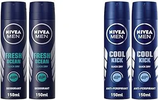 NIVEA MEN Deodorant Spray for Men, Fresh Ocean Aqua Scent, 2x150ml & MEN Deodorant Spray for Men, Cool Kick Fresh Scent, 2x150ml