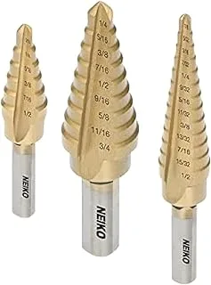 Neiko 10193A Titanium Step Bits ، Unibit Set ، 28 مقاسًا ، فولاذ عالي السرعة ، قياسي (SAE) مجموعة لقم المثقاب التدريجي ، لقم بتدرج للمعادن. لقم الثقب خطوة Unibit ، Unibit الصناعية