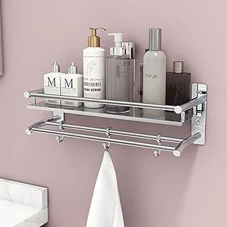 Plantex Stainless Steel Bathroom Shelf/Rack with Towel Holder/Towel Hooks/Bathroom Accessories Wall-Mount (Chrome Finish) (2-Tier)