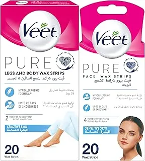 Veet Pure Legs & Body Hair Removal Wax Strips, 20 Strips + Veet Pure Face strips for Sensitive Skin, 20 strips, Pack of 2