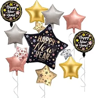 Set of 9 Happy New Year 2024 Starry Foil Balloon Set with matching Round foil balloon Star Balloons for New Years Party Decorations