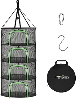 iPower Herb Drying Rack 4-Layer 2-Feet Hanging Mesh Net Dryer Collapsible with U-Shape Zippers, Pothook, Carabiner and Storage Pouch, for Hydroponics Flowers, Buds, Fruits, Seafoods, Clothes