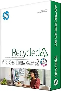 HP Paper Printer Paper 8.5x11 Recycled30 20 lb 30% postconsumer recycled 1 Ream 500 Sheets 92 Bright Made in USA FSC Certified Copy Paper Compatible 112100R, White