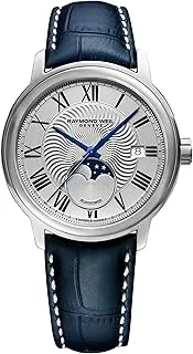 Raymond Weil Maestro Men's Automatic Watch, Silver Dial Roman Numerals, Moon Phase, Blue Leather Strap 39.5 mm (Model: 2239-STC-00659), Blue, Automatic Watch