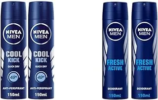 NIVEA MEN Deodorant Spray for Men, Cool Kick Fresh Scent, 2x150ml & MEN Antiperspirant Spray for Men, Fresh Active Fresh Scent, 2x150ml