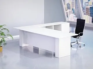 Mahmayi L Shaped Workstation Table with Storage Shelves and Cabinet for Home & Office - Contemporary Style Executive Computer Desk (Premium White)