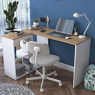 Home Canvas Study Office Computer Desk Corner Table with 4 Shelves 120cm White - Walnut