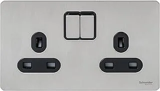 Schneider Electric Ultimate Screwless Flat Plate - Double Switched Power Socket, 13A, GU3420BSS, Stainless Steel with Black Insert