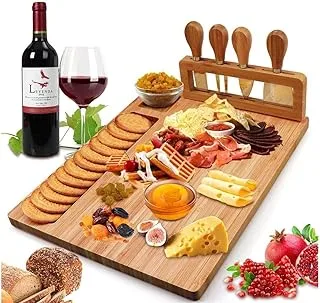 Cuisine Art Organic Bamboo Cheese Cutting Board & Knife Gift Set Wooden Serving Tray For Charcuterie Meat Platter, Fruit & Crackers With 4 Cheese Knives Cbb0101, Multicolour