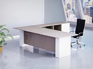 MAHMAYI OFFICE FURNITURE L Shaped Workstation Table with Storage Shelves and Cabinet for Home & Office Used L Shaped Computer (Light Concrete/White)