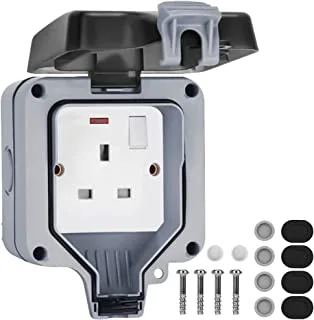 Weatherproof Outdoor Sockets, Double Waterproof Switched Power Socket IP66, Wall Electrical Outlets with Cover, 13A 2 Gang Plug Sockets, for Garden & External Electrical Outlet, Grey (Single-UK)