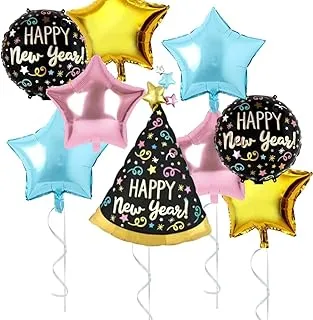 Set of 9 Happy New Year 2023 Hat Foil Balloon with matching Round Star Balloons for Years Party Decorations