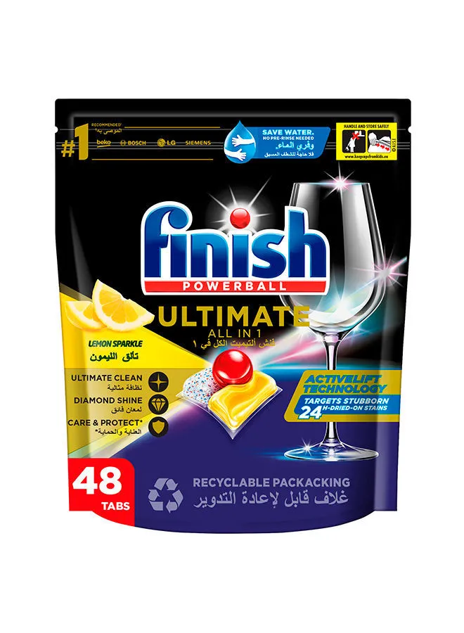 Finish Powerball Ultimate All In 1 Dishwasher Detergent Diamond Shine Lemon Sparkle 48 Tablets Multicolour