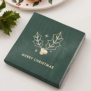 Ginger Ray Merry Christmas Holly Cocktail Napkins 16-Pieces, 25 cm Length, Green