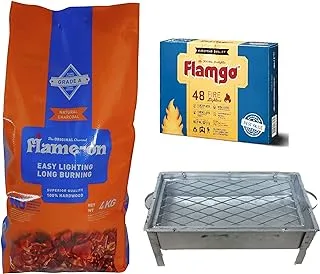 Flame-On Premium Barbecue Charcoal 4 Kg With Charcoal Grill And Flamgo 48-Pack Fire Lighter Cubes