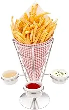 Singolo Small Fry and Appetizer Cone Display with Triple Sauce Holders: Perfect for Parties and Catering Events - Stainless Steel - 1-CT - Restaurantware