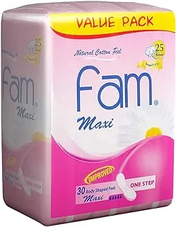 Fam One Step Natural Cotton Feel, Maxi Thick, Non-Wings Super Sanitary Pads,30 Pads