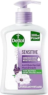 Dettol Handwash Liquid Soap Sensitive Pump for Effective Germ Protection & Personal Hygiene, Protects Against 100 Illness Causing Germs, Lavender & White Musk Fragrance, 200ml