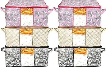 Fun Homes Metalic Print Non Woven 6 Pieces Underbed Storage Bag,Cloth Organiser,Blanket Cover with Transparent Window (Ivory & Black & Pink)-FUHHNH16649