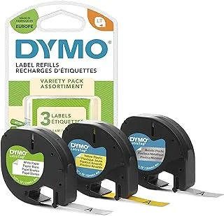 Dymo Lt Labels Starter Pack With Paper, Plastic And Metallic Labels For Letratag Label Makers, 12 Mm X 4 M Rolls, Self Adhesive, 3 Rolls Assorted Colours, Silver/White/Yellow, S0721800