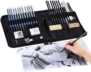 H & B 40Pcs/ Set Professional Sketching Drawing Pencils Kit Including Sketch Graphite Charcoal Pencils Willow Sticks Erasers Sharpeners With Pop-Up Stand Carry Bag For Art Supplies Students