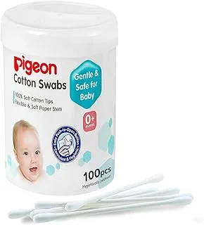 Pigeon Cotton Swabs, Flexible And Soft Paper Stem, 100% Soft Cotton Tips, Hinged, 100 Pieces, White