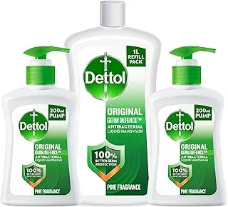 Dettol Original Handwash Liquid Soap Refill for effective Germ Protection & Personal Hygiene (protects against 100 illness causing germs) Pine Fragrance,Twin Pack 200ml + 1L Liquid Hand Wash