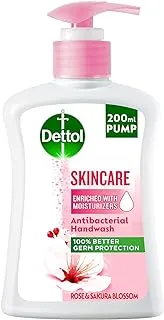 Dettol handwash liquid soap skincare pump for effective germ protection & personal hygiene, protects against 100 illness causing germs, rose & sakura blossom fragrance, 200ml